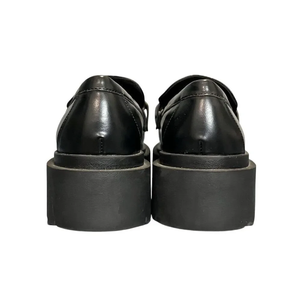 H&M Women's Black Faux Leather Platform Loafers 9 Chunky Gold Chain Gothic Party